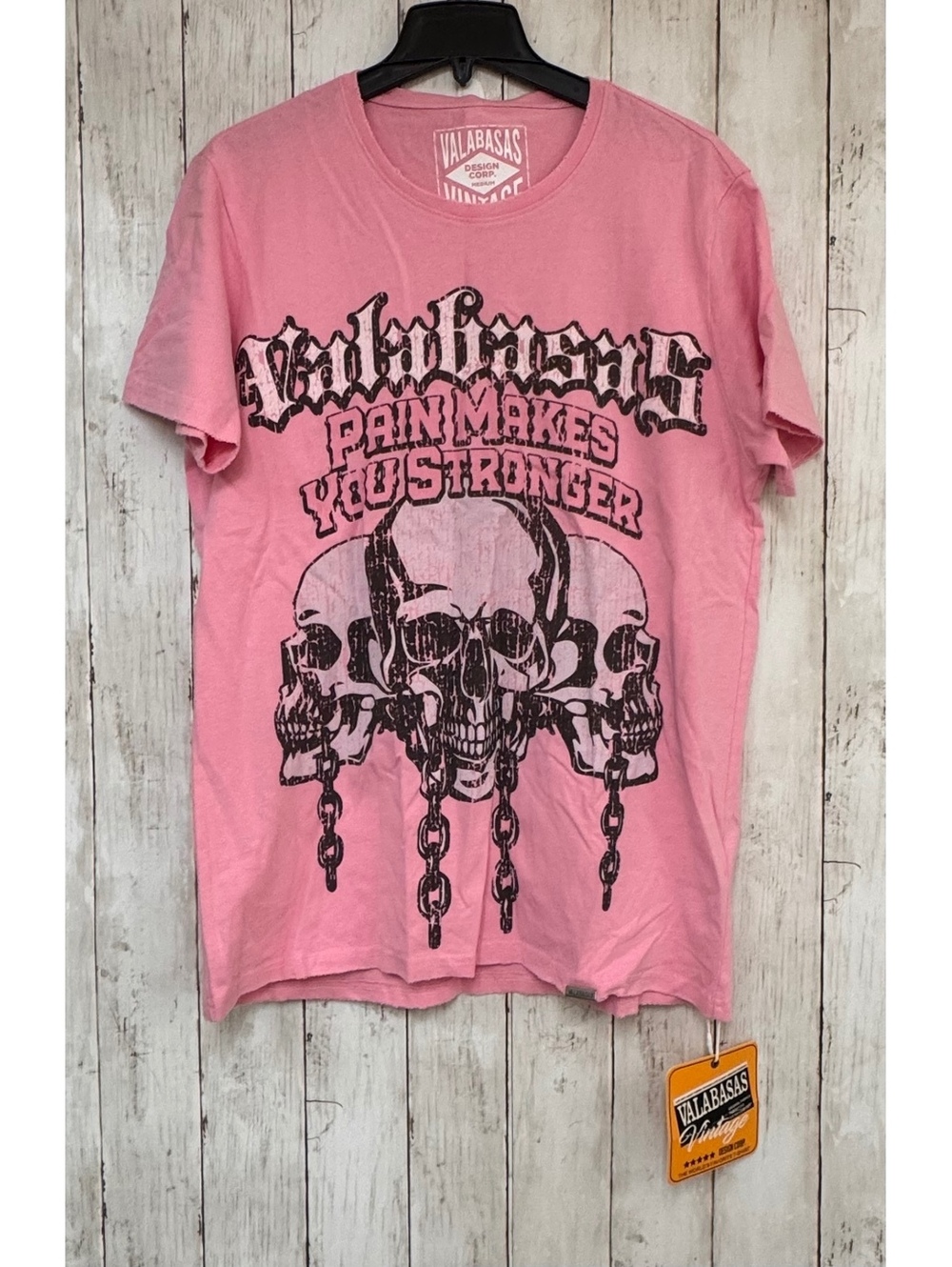 Valabasas Vintage Pain Makes You Stronger Skull T Shirt Pink Mens M NWT Y2K